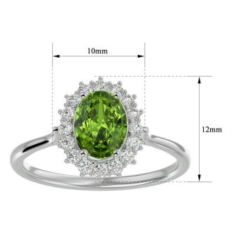 1.60 Carat Oval Shape Peridot and Halo Diamond Ring In 14 Karat White Gold