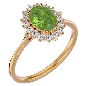 1.60 Carat Oval Shape Peridot and Halo Diamond Ring In 14 Karat Yellow Gold