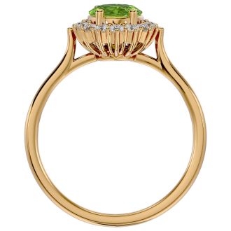 1.60 Carat Oval Shape Peridot and Halo Diamond Ring In 14 Karat Yellow Gold