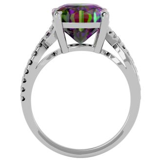 4 Carat Cushion Cut Mystic Topaz and Diamond Ring In Sterling Silver. Big Beautiful Fiery Mystic Topaz. You Will Love This!