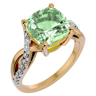 4 Carat Cushion Cut Green Amethyst and Diamond Ring in 10k Yellow Gold