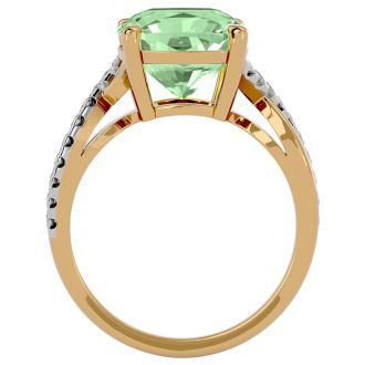 4 Carat Cushion Cut Green Amethyst and Diamond Ring in 10k Yellow Gold