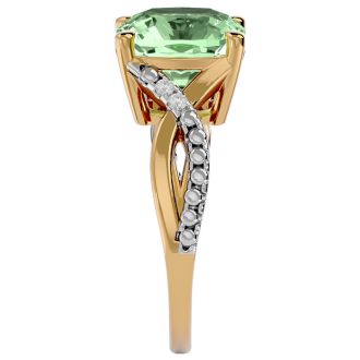 4 Carat Cushion Cut Green Amethyst and Diamond Ring in 10k Yellow Gold