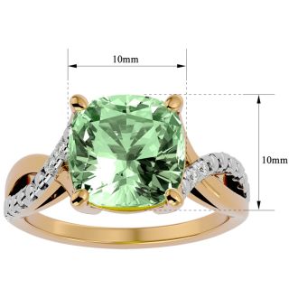 4 Carat Cushion Cut Green Amethyst and Diamond Ring in 10k Yellow Gold