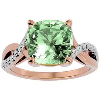 4 Carat Cushion Cut Green Amethyst and Diamond Ring in 10k Rose Gold