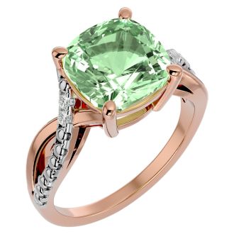 4 Carat Cushion Cut Green Amethyst and Diamond Ring in 10k Rose Gold