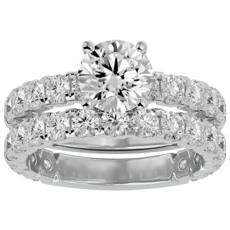Moissanite Engagement Ring; 3 1/2 Carat Round Moissanite Bridal Set In 14 Karat White Gold