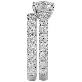 Moissanite Engagement Ring; 3 1/2 Carat Round Moissanite Bridal Set In 14 Karat White Gold