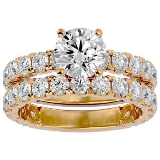 Moissanite Engagement Ring; 3 1/2 Carat Round Moissanite Bridal Set In 14 Karat Yellow Gold