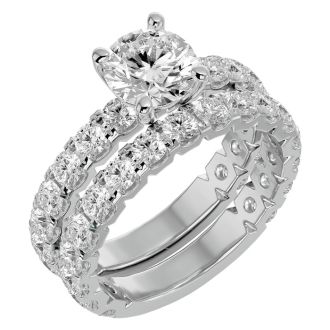 Moissanite Engagement Ring; 4 Carat Round Moissanite Bridal Set In 14 Karat White Gold