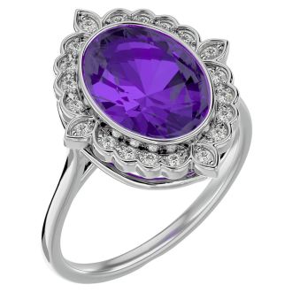 1 1/4 Carat Oval Shape Amethyst and Halo Diamond Ring In 14 Karat White Gold