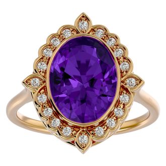 1 1/4 Carat Oval Shape Amethyst and Halo Diamond Ring In 14 Karat Yellow Gold