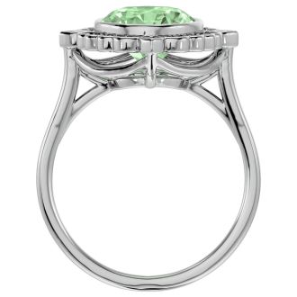 1 1/4 Carat Oval Shape Green Amethyst and Halo Diamond Ring In 14 Karat White Gold