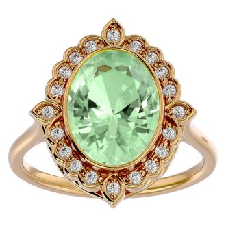 1 1/4 Carat Oval Shape Green Amethyst and Halo Diamond Ring In 14 Karat Yellow Gold