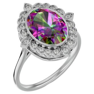 1-1/4 Carat Oval Shape Mystic Topaz Ring With Diamond Halo In 14 Karat White Gold