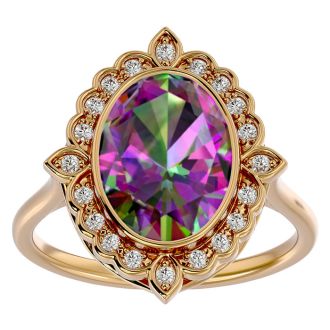 1-1/4 Carat Oval Shape Mystic Topaz Ring With Diamond Halo In 14 Karat Yellow Gold