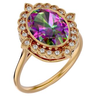 1-1/4 Carat Oval Shape Mystic Topaz Ring With Diamond Halo In 14 Karat Yellow Gold
