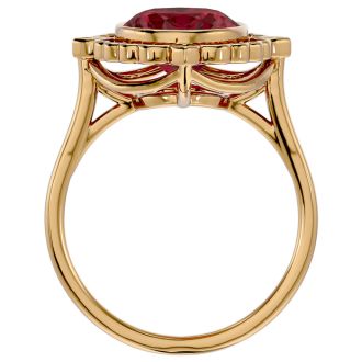Garnet Ring: Garnet Jewelry: 1 3/4 Carat Oval Shape Garnet and Halo Diamond Ring In 14 Karat Yellow Gold