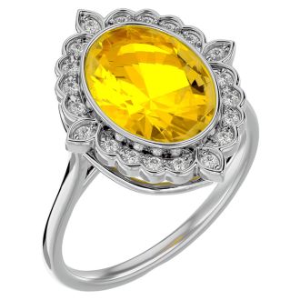 1 1/4 Carat Oval Shape Citrine and Halo Diamond Ring In 14 Karat White Gold