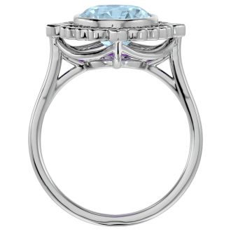 Aquamarine Ring: Aquamarine Jewelry: 1 1/3 Carat Oval Shape Aquamarine and Halo Diamond Ring In 14 Karat White Gold
