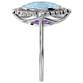 Aquamarine Ring: Aquamarine Jewelry: 1 1/3 Carat Oval Shape Aquamarine and Halo Diamond Ring In 14 Karat White Gold