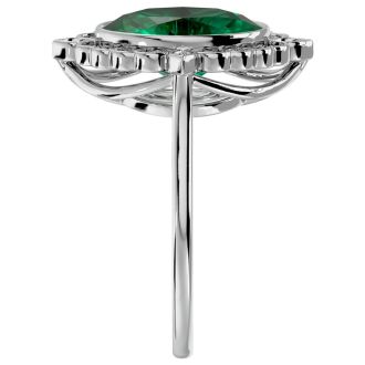 1 1/3 Carat Oval Shape Emerald and Halo Diamond Ring In 14 Karat White Gold