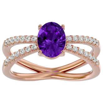 1 1/3 Carat Oval Shape Amethyst and Diamond Ring In 14 Karat Rose Gold