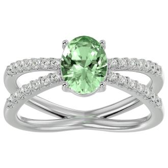 1 1/3 Carat Oval Shape Green Amethyst and Diamond Ring In 14 Karat White Gold