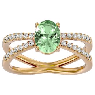 1 1/3 Carat Oval Shape Green Amethyst and Diamond Ring In 14 Karat Yellow Gold