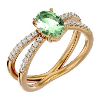 1 1/3 Carat Oval Shape Green Amethyst and Diamond Ring In 14 Karat Yellow Gold