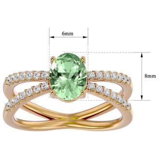 1 1/3 Carat Oval Shape Green Amethyst and Diamond Ring In 14 Karat Yellow Gold