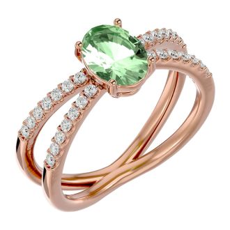 1 1/3 Carat Oval Shape Green Amethyst and Diamond Ring In 14 Karat Rose Gold