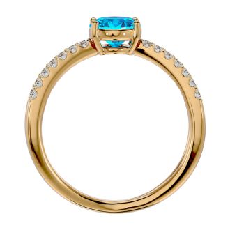 1 3/4 Carat Oval Shape Blue Topaz and Diamond Ring In 14 Karat Yellow Gold
