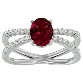 Garnet Ring: Garnet Jewelry: 1 3/4 Carat Oval Shape Garnet and Diamond Ring In 14 Karat White Gold