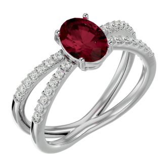 Garnet Ring: Garnet Jewelry: 1 3/4 Carat Oval Shape Garnet and Diamond Ring In 14 Karat White Gold