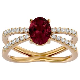 Garnet Ring: Garnet Jewelry: 1 3/4 Carat Oval Shape Garnet and Diamond Ring In 14 Karat Yellow Gold