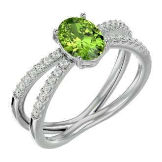 1.60 Carat Oval Shape Peridot and Diamond Ring In 14 Karat White Gold