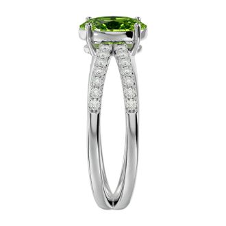 1.60 Carat Oval Shape Peridot and Diamond Ring In 14 Karat White Gold