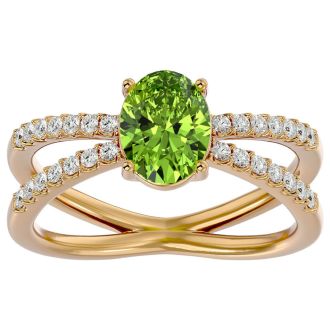 1.60 Carat Oval Shape Peridot and Diamond Ring In 14 Karat Yellow Gold