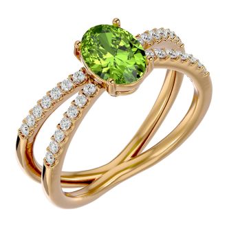 1.60 Carat Oval Shape Peridot and Diamond Ring In 14 Karat Yellow Gold