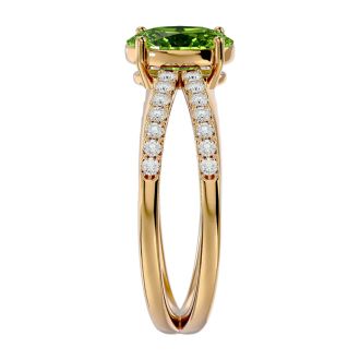 1.60 Carat Oval Shape Peridot and Diamond Ring In 14 Karat Yellow Gold