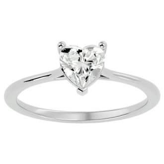 Moissanite Engagement Ring; 3/4 Carat Heart Shape Moissanite Solitaire Engagement Ring In 14 Karat White Gold