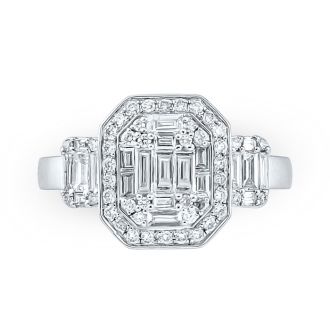 3/4 Carat Baguette and Round Shape Diamond Engagement Ring In 14K White Gold.  Very Fine Diamonds!