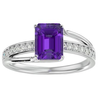1 3/4 Carat Emerald Shape Amethyst and Diamond Ring In 14 Karat White Gold