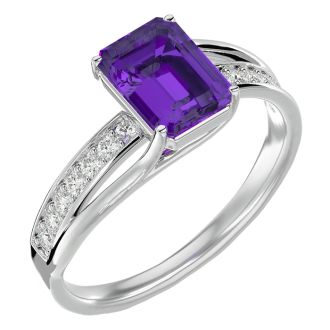 1 3/4 Carat Emerald Shape Amethyst and Diamond Ring In 14 Karat White Gold