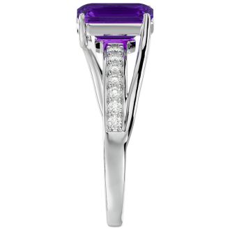 1 3/4 Carat Emerald Shape Amethyst and Diamond Ring In 14 Karat White Gold