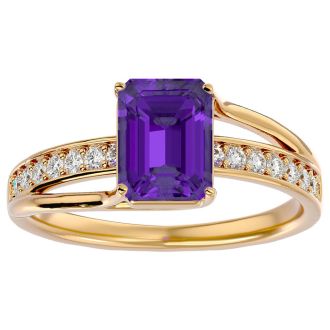 1 3/4 Carat Emerald Shape Amethyst and Diamond Ring In 14 Karat Yellow Gold