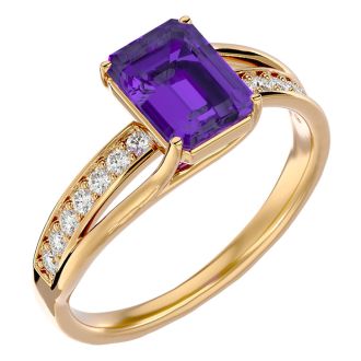 1 3/4 Carat Emerald Shape Amethyst and Diamond Ring In 14 Karat Yellow Gold