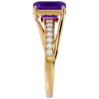 1 3/4 Carat Emerald Shape Amethyst and Diamond Ring In 14 Karat Yellow Gold