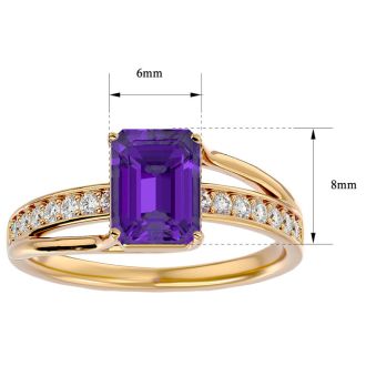 1 3/4 Carat Emerald Shape Amethyst and Diamond Ring In 14 Karat Yellow Gold